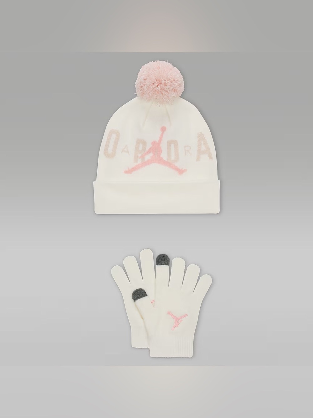 Jordan White & Light Pink Pom Beanie with Matching Gloves